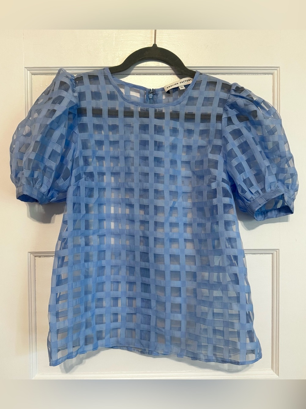 English Factory Puff Sleeve Plaid Sheet Top Women’s XS Blue